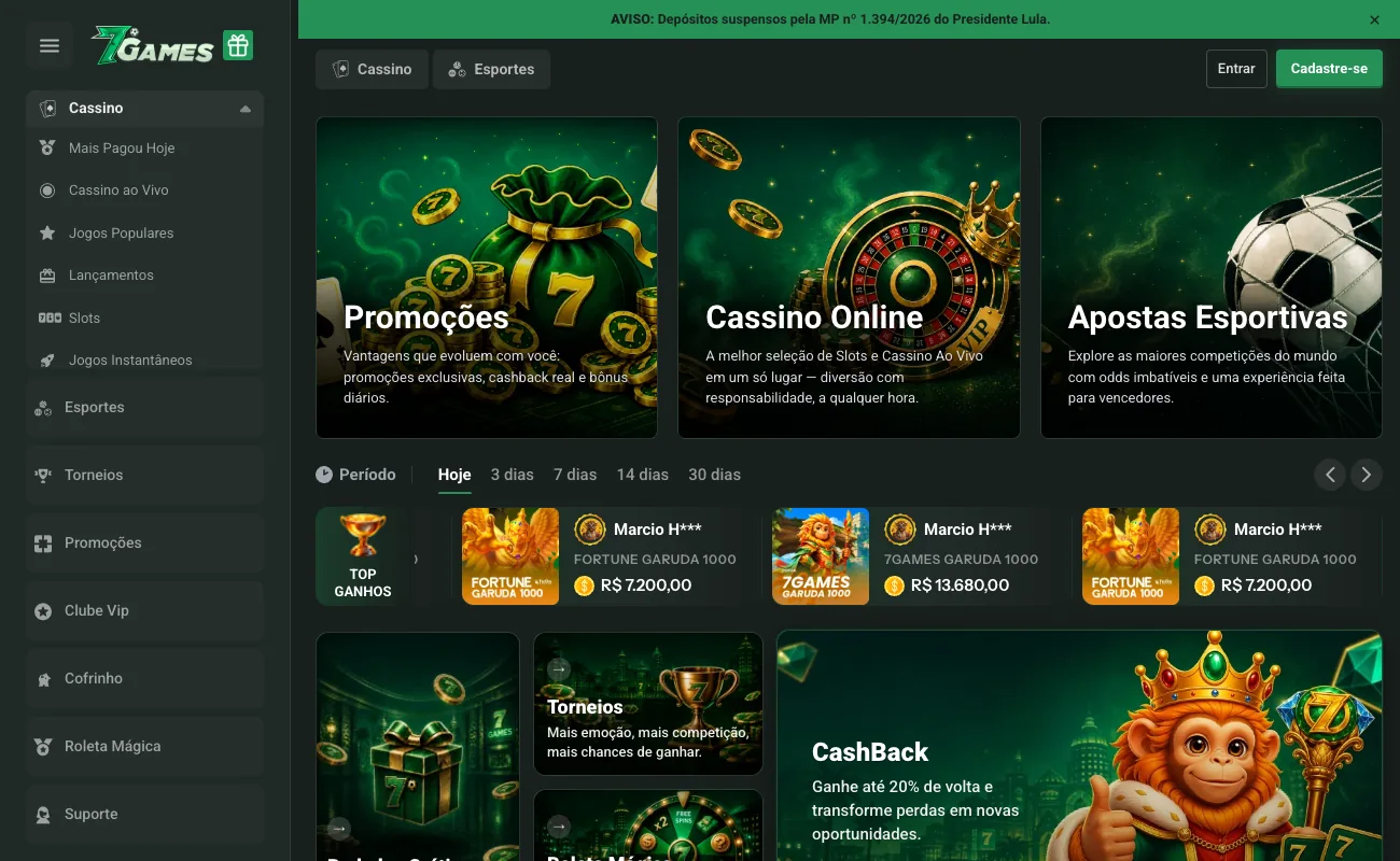 Captura da página 7Games com aviso de depósitos suspensos em 1º de outubro de 2026