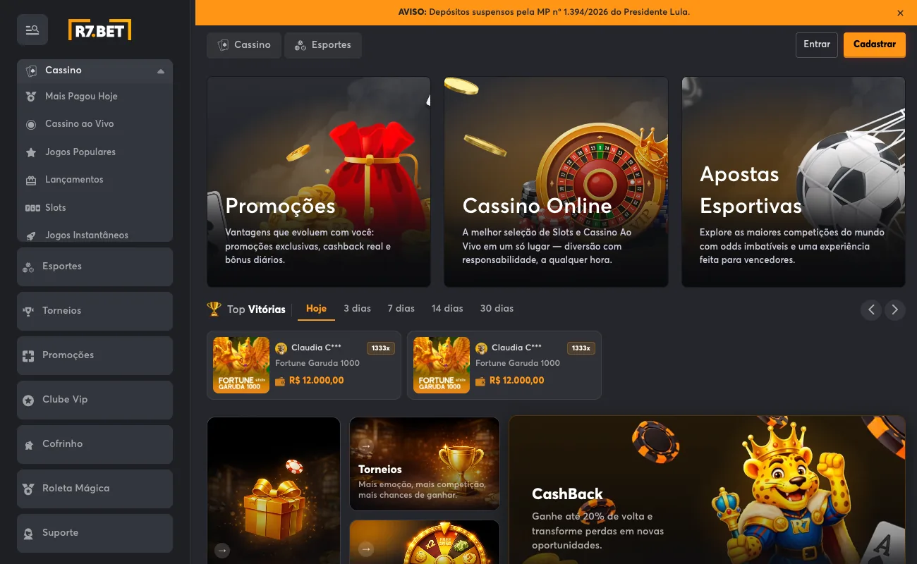 Captura da página pública da R7 Bet com aviso de depósitos suspensos